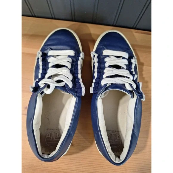 Tory Sport Ruffle Sneakers Navy Blue Leather Low Top Trainers 39506 Womens 7M - Picture 5 of 8